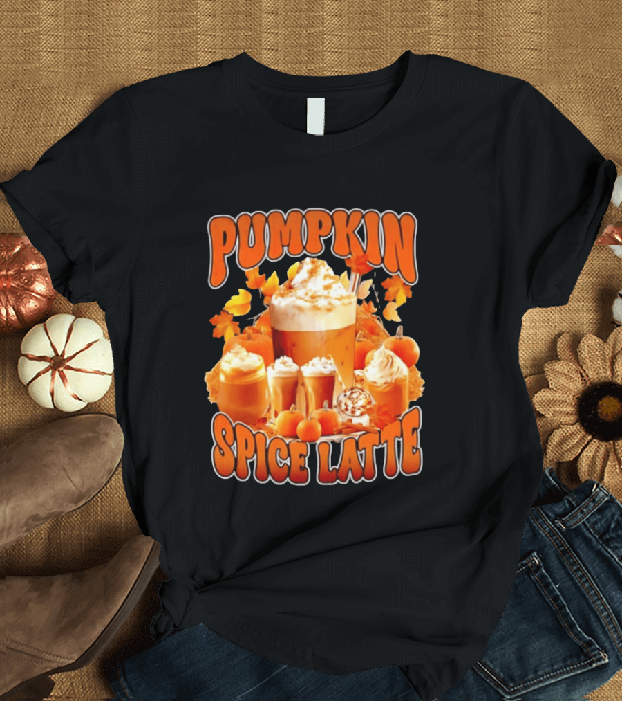 Pumpkin Spice Latte Fall Autumn Halloween Beverage With Whipped Cream And Leaves T-Shirt
