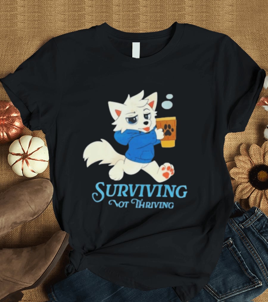 Surviving Not Thriving Cute Fox Coffee Paw Print T-Shirt