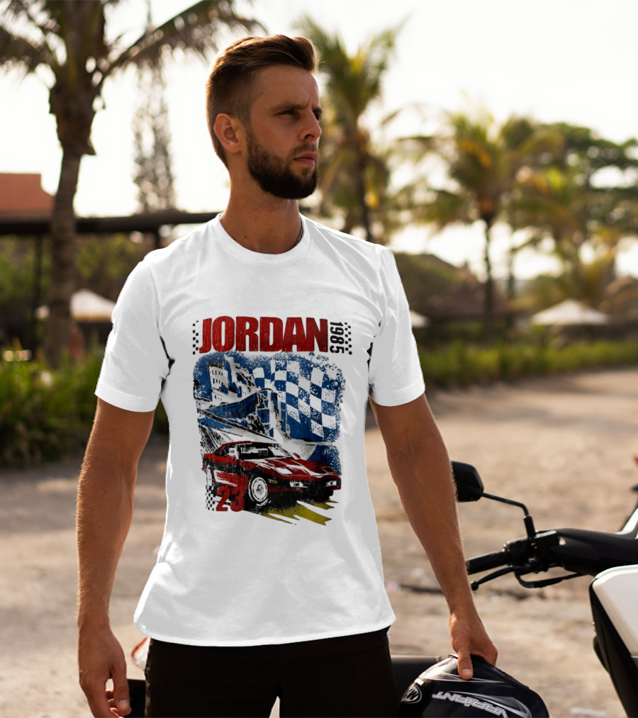 Jordan 23 Racing Brooklyn 1985 Checkered Red Sports Car Blue Flag T-Shirt