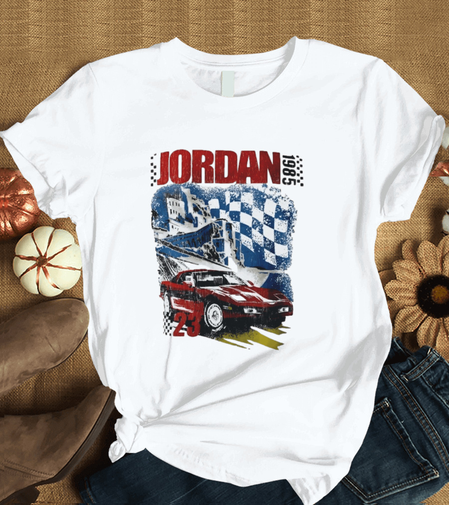 Jordan 23 Racing Brooklyn 1985 Checkered Red Sports Car Blue Flag T-Shirt