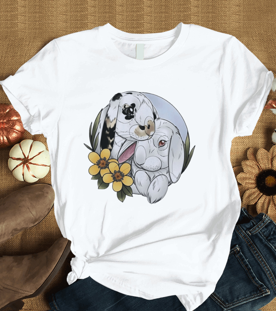 Clement Rabbit Rescue Bunnies With Yellow Flowers Wildlife Charm T-Shirt