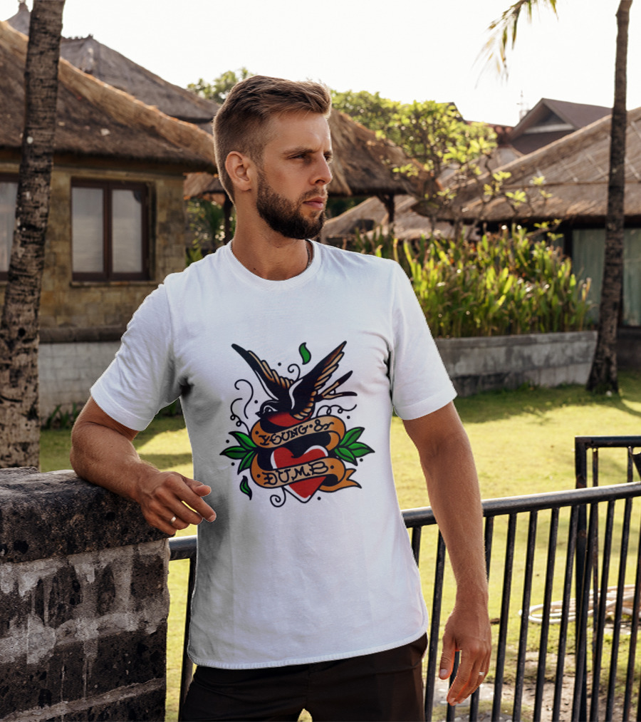 Young And Dumb Swallow Heart Tattoo Vintage Style With Banner And Leaves T-Shirt