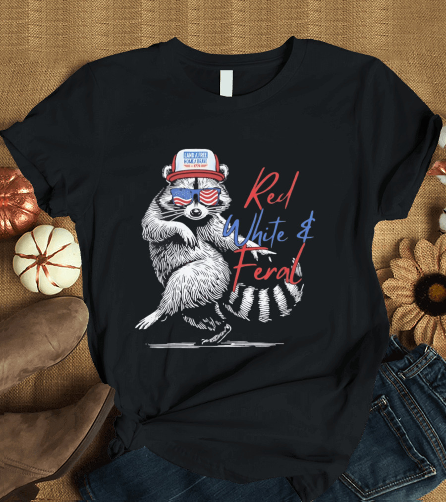 Red White Feral Raccoon Land Of The Free Home Brave 1776 Patriotic USA T-Shirt