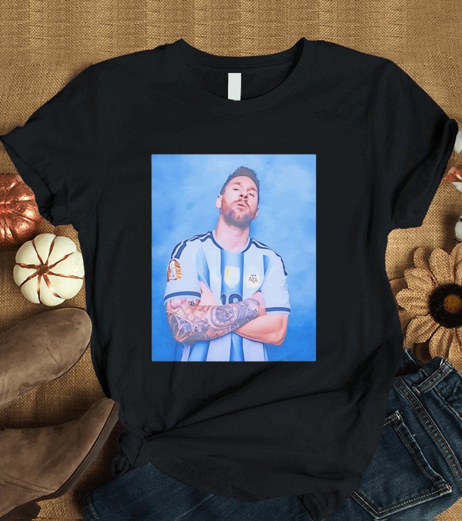 Lionel Messi With Argentina National Team Badge In Blue And White Stripes T-Shirt