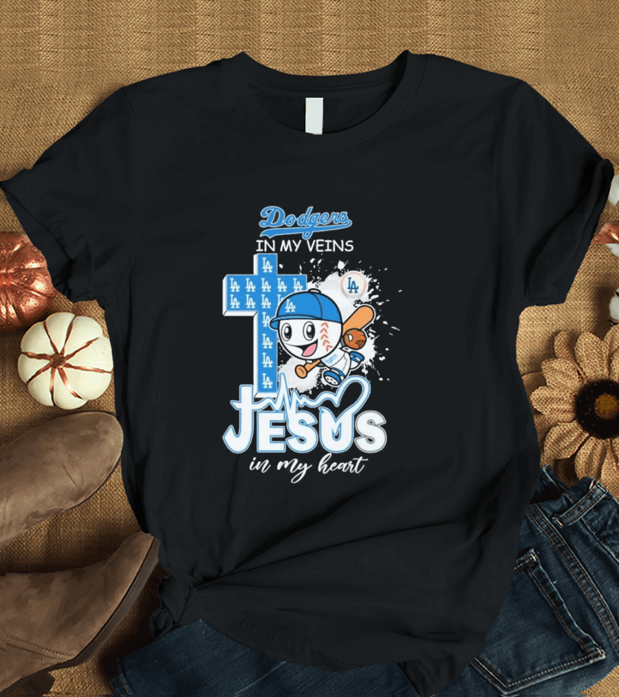 Los Angeles Dodgers In My Veins Jesus In My Heart LA Baseball Cross T-Shirt