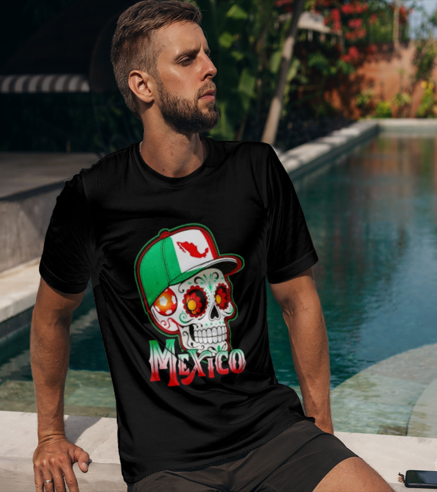 Mexico Sugar Skull Hat Map T-Shirt