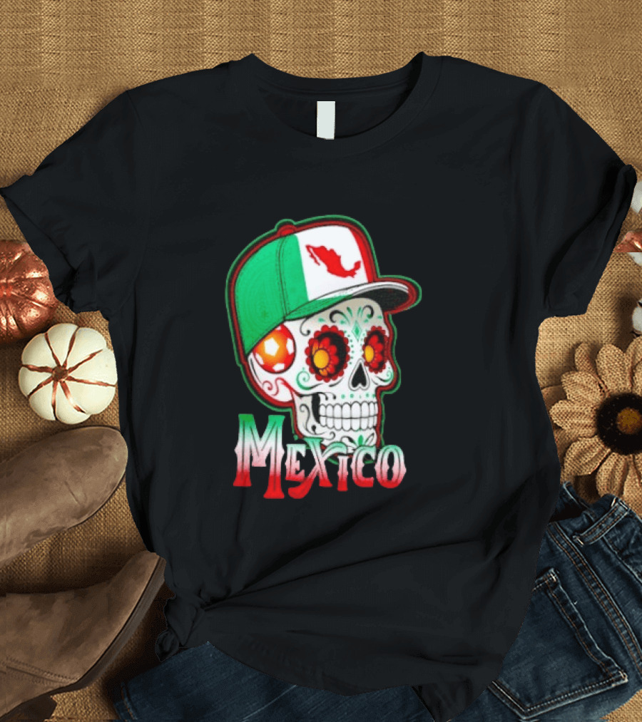 Mexico Sugar Skull Hat Map T-Shirt