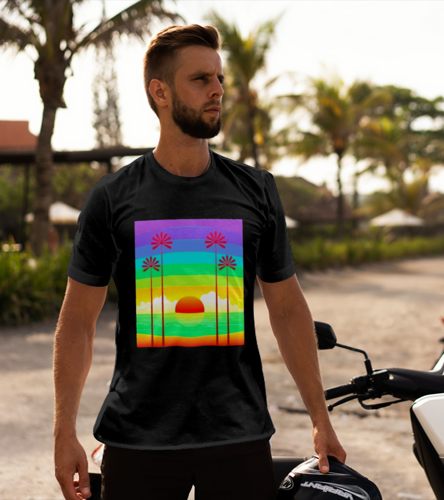Sunset With Palm Trees And Rainbow Summer Scene T-Shirt