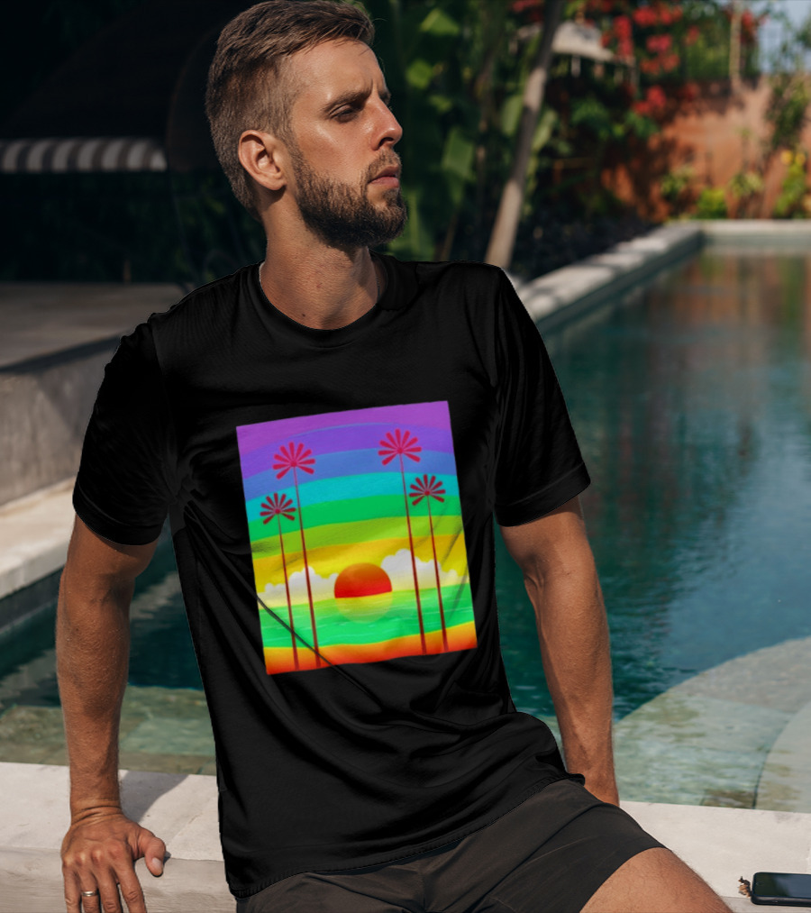 Sunset With Palm Trees And Rainbow Summer Scene T-Shirt