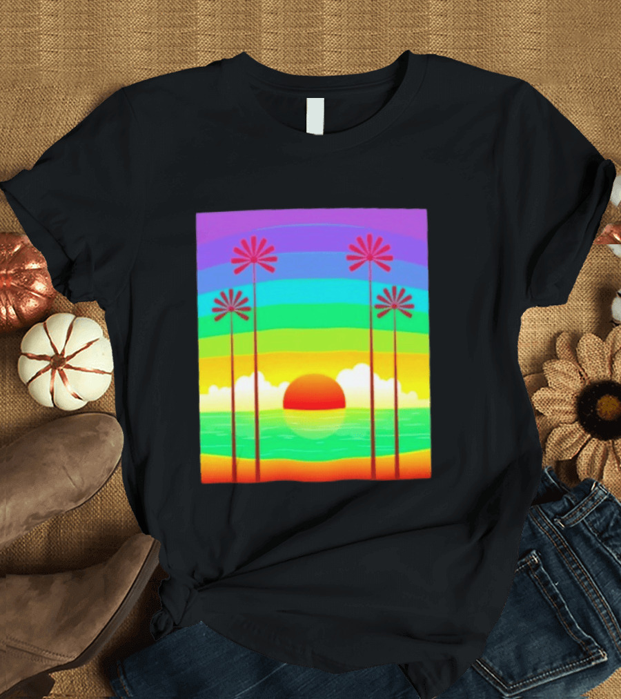 Sunset With Palm Trees And Rainbow Summer Scene T-Shirt