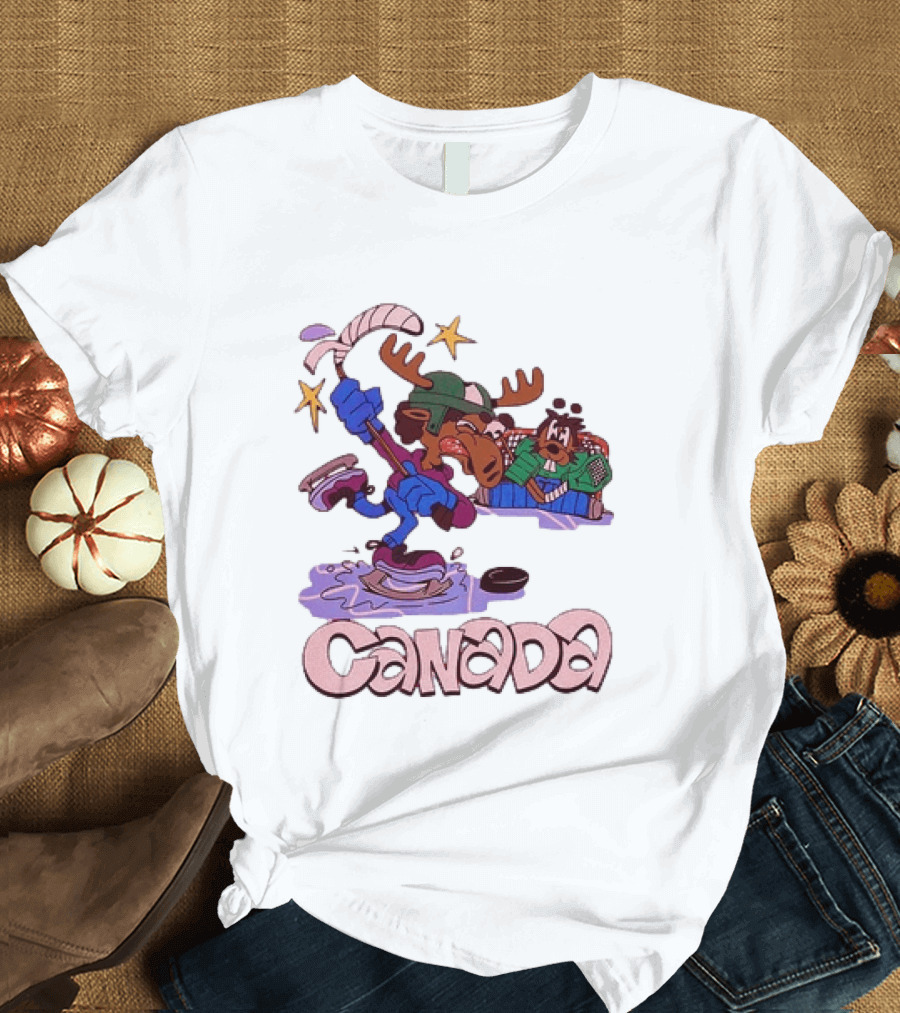 Slushy Noobz Canada Hockey Moose Cartoon Ice Rink Scene T-Shirt