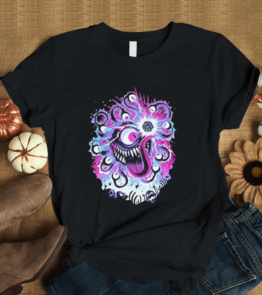 Beholder Dungeons And Dragons Eye Tyrant Illustration With D20 Dice And Psychedelic T-Shirt