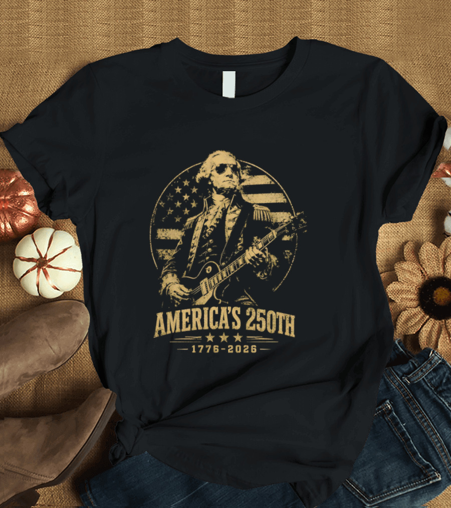 George Washington America's 250th 1776 2026 Rock And Roll Guitar USA Flag T-Shirt