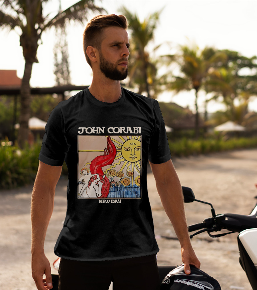 John Corabi New Day The Sun XIX Tarot Card Rider And Sunflowers T-Shirt
