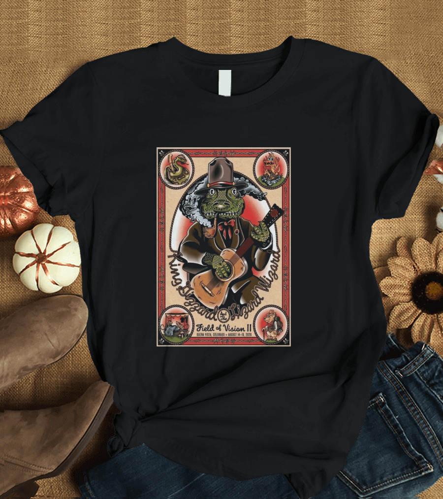 King Gizzard And The Lizard Wizard Field Of Vision II August 14 16 2026 Illustration With Lizard Playing Guitar T-Shirt