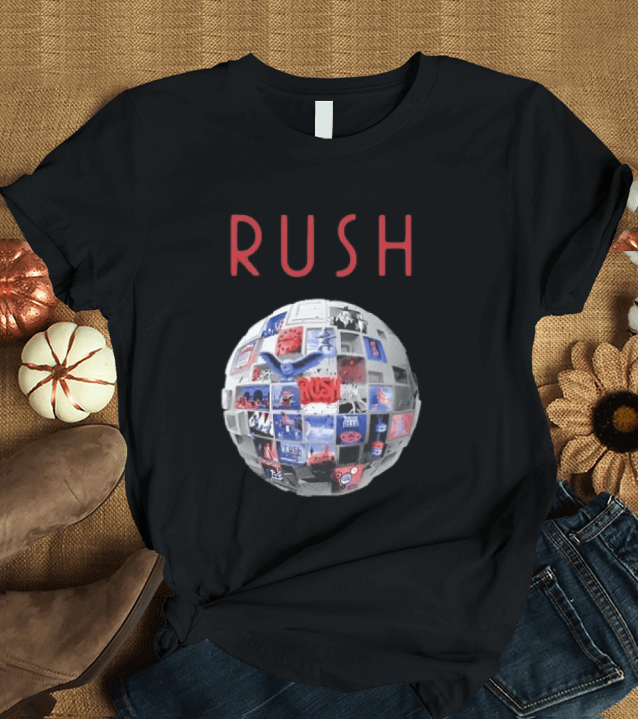 Rush All The World's An Album Tour 2026 2027 History Iconic Sphere Collage T-Shirt