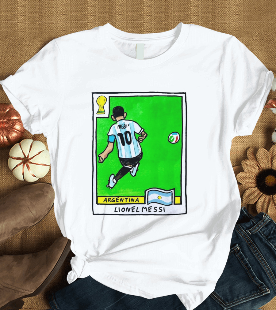 Lionel Messi Argentina Number 10 Football Card With World Cup And National Flag T-Shirt