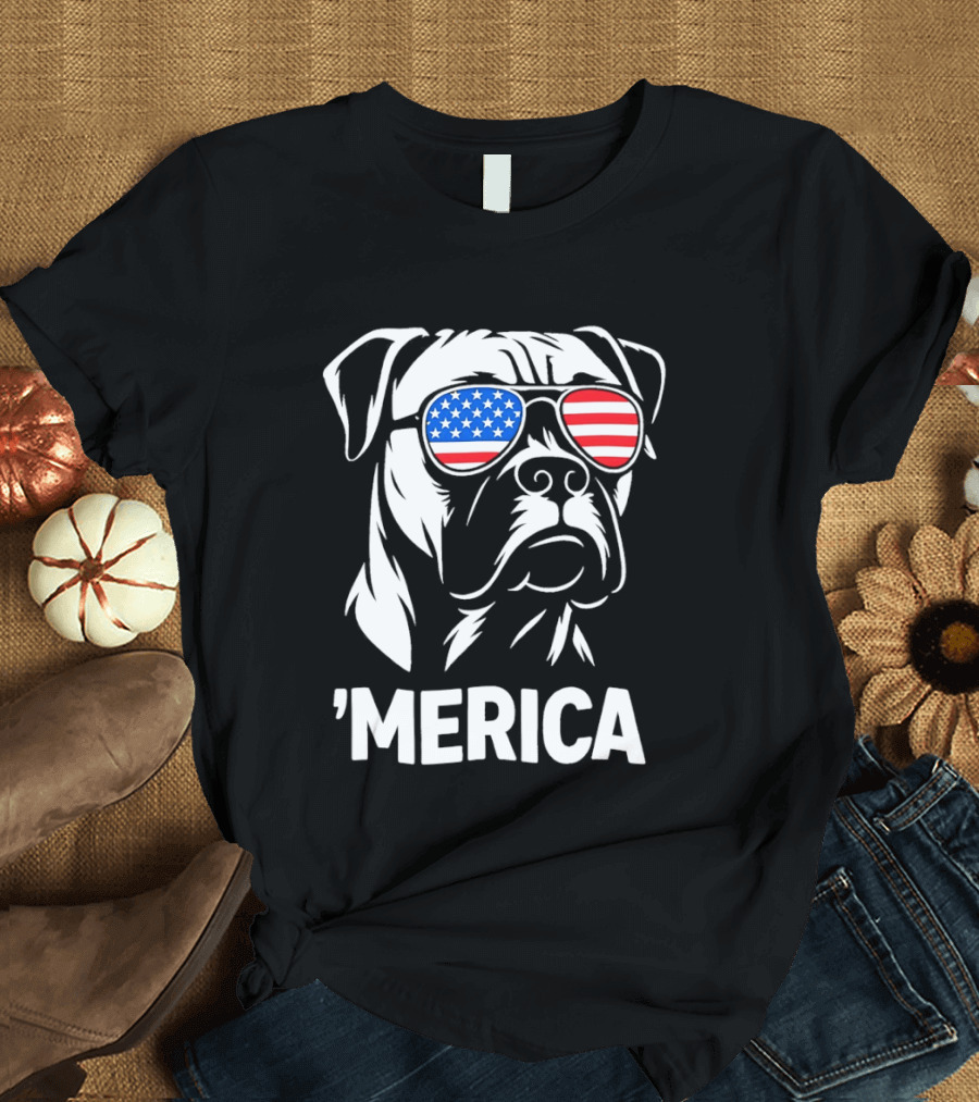 American Bulldog With USA Flag Sunglasses 'Merica T-Shirt