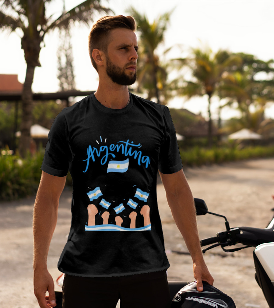 Argentina Celebration Raised Fists Waving Flags Enthusiastic Spirit T-Shirt
