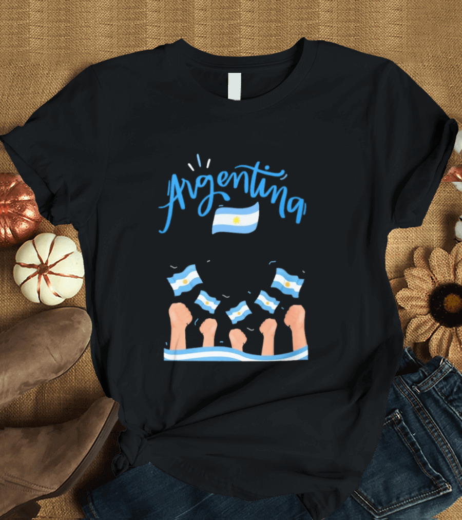 Argentina Celebration Raised Fists Waving Flags Enthusiastic Spirit T-Shirt