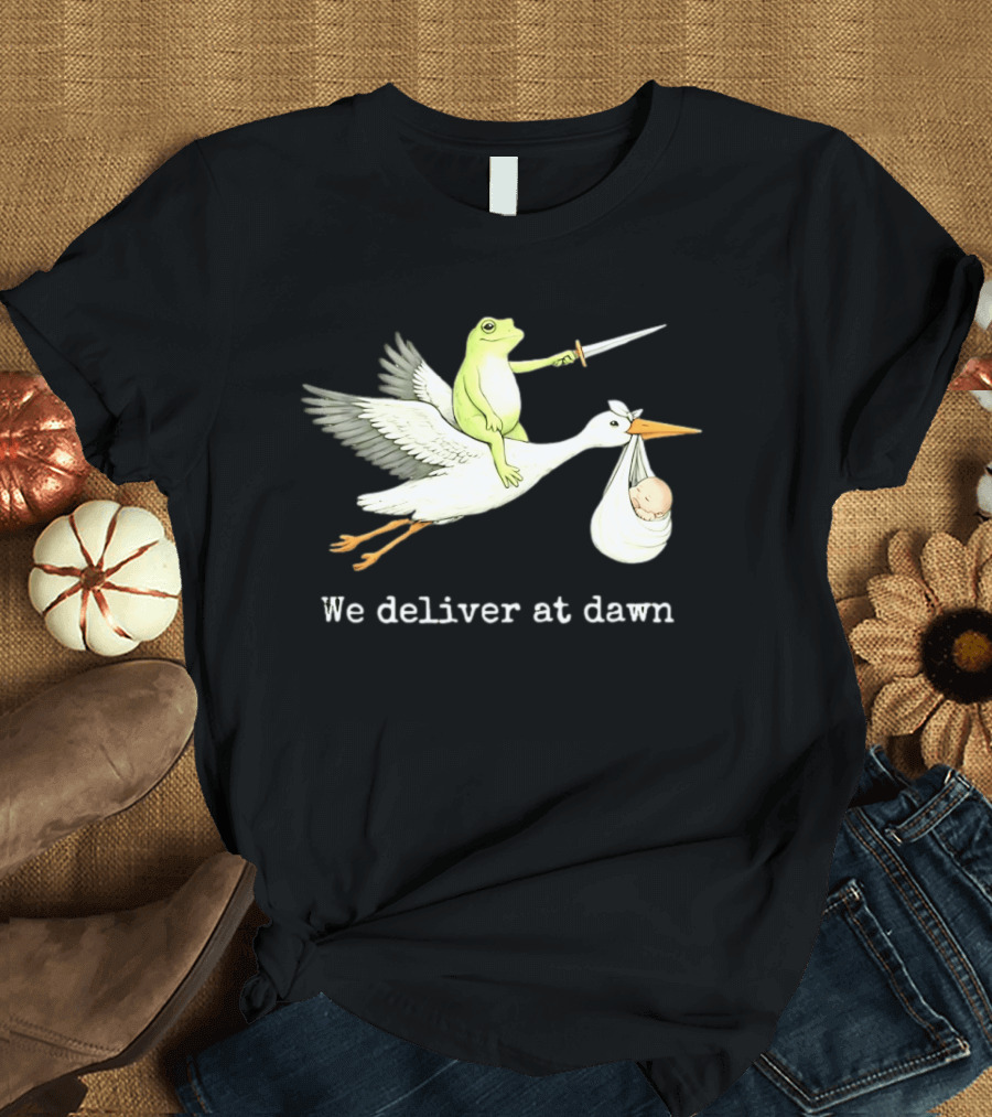 Frog Riding Stork With Sword We Deliver At Dawn T-Shirt
