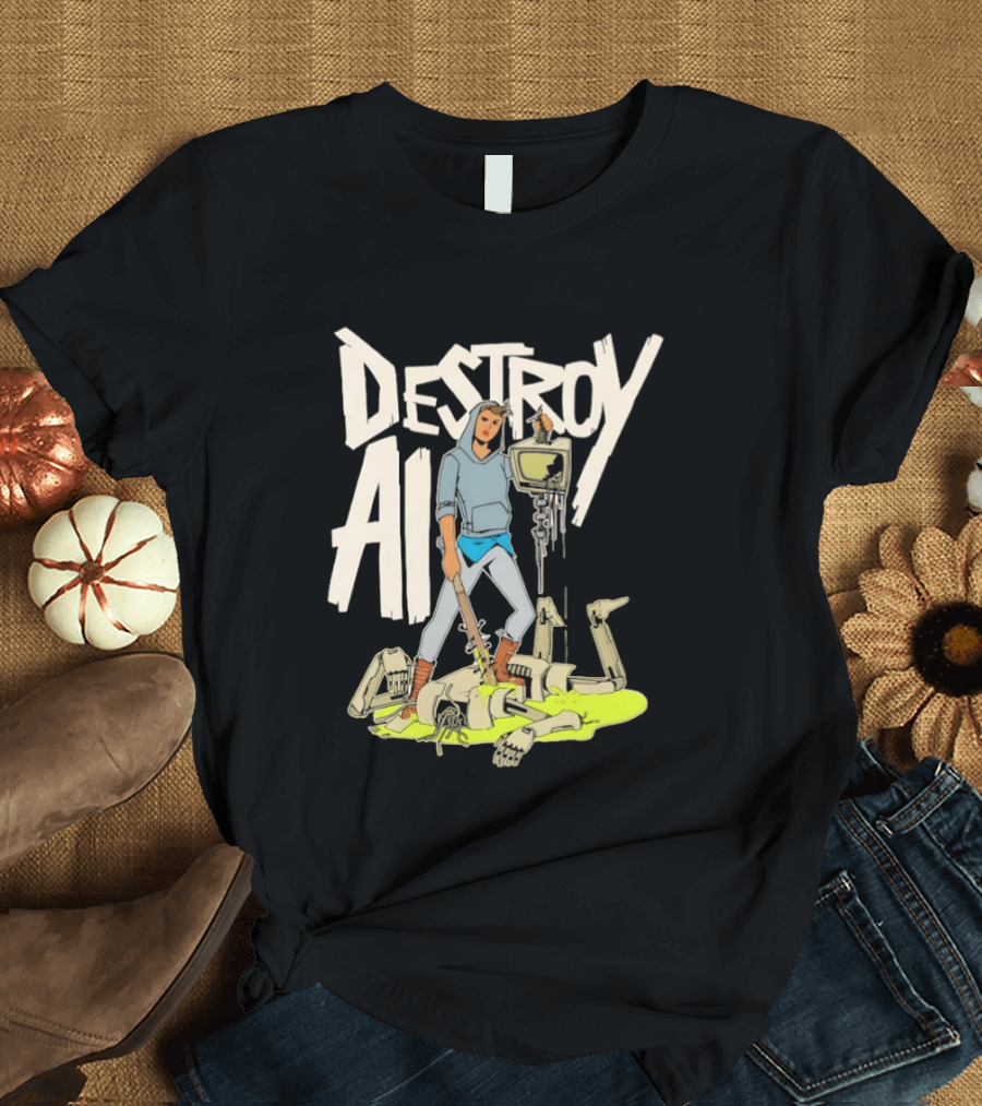 Destroy AI Sci Fi Cyberpunk Robot Resistance Heroic Battle Scene T-Shirt
