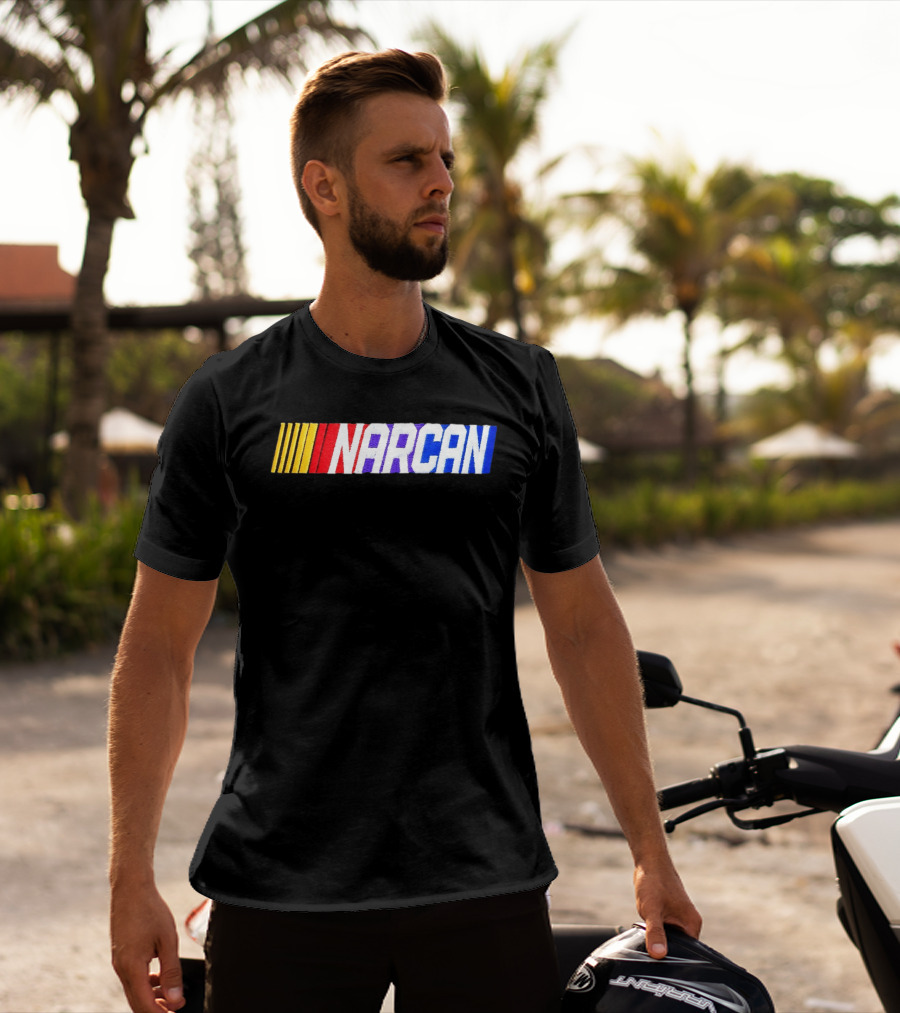 NASCAR Style NARCAN Text With Racing Stripes T-Shirt