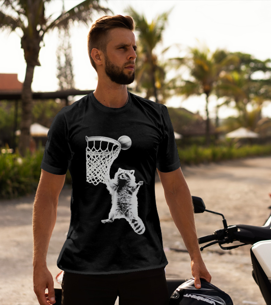 Raccoon Dunking Basketball Fun Animal Sports Play T-Shirt