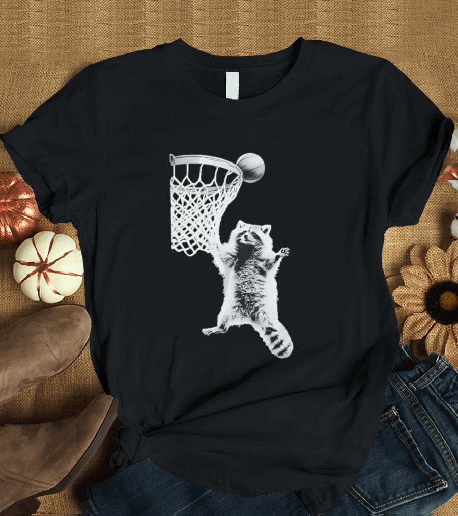 Raccoon Dunking Basketball Fun Animal Sports Play T-Shirt