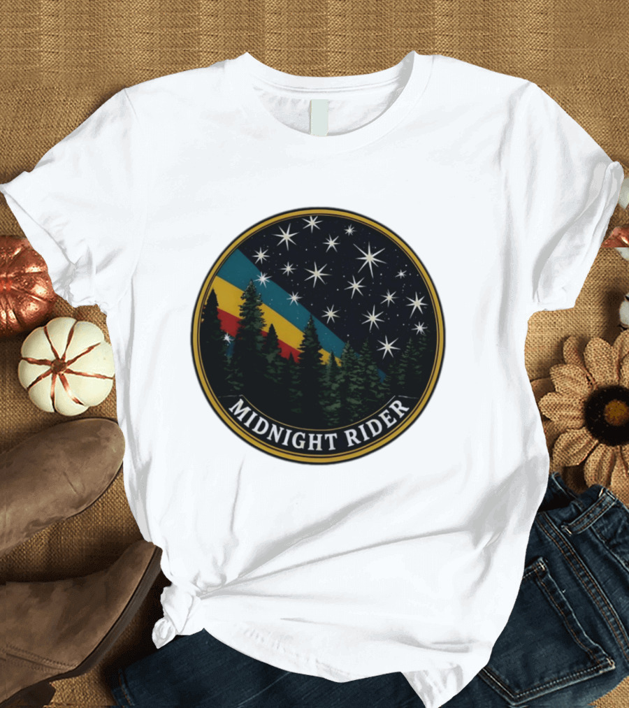 Midnight Rider Starry Night Pine Forest Retro Spectrum T-Shirt