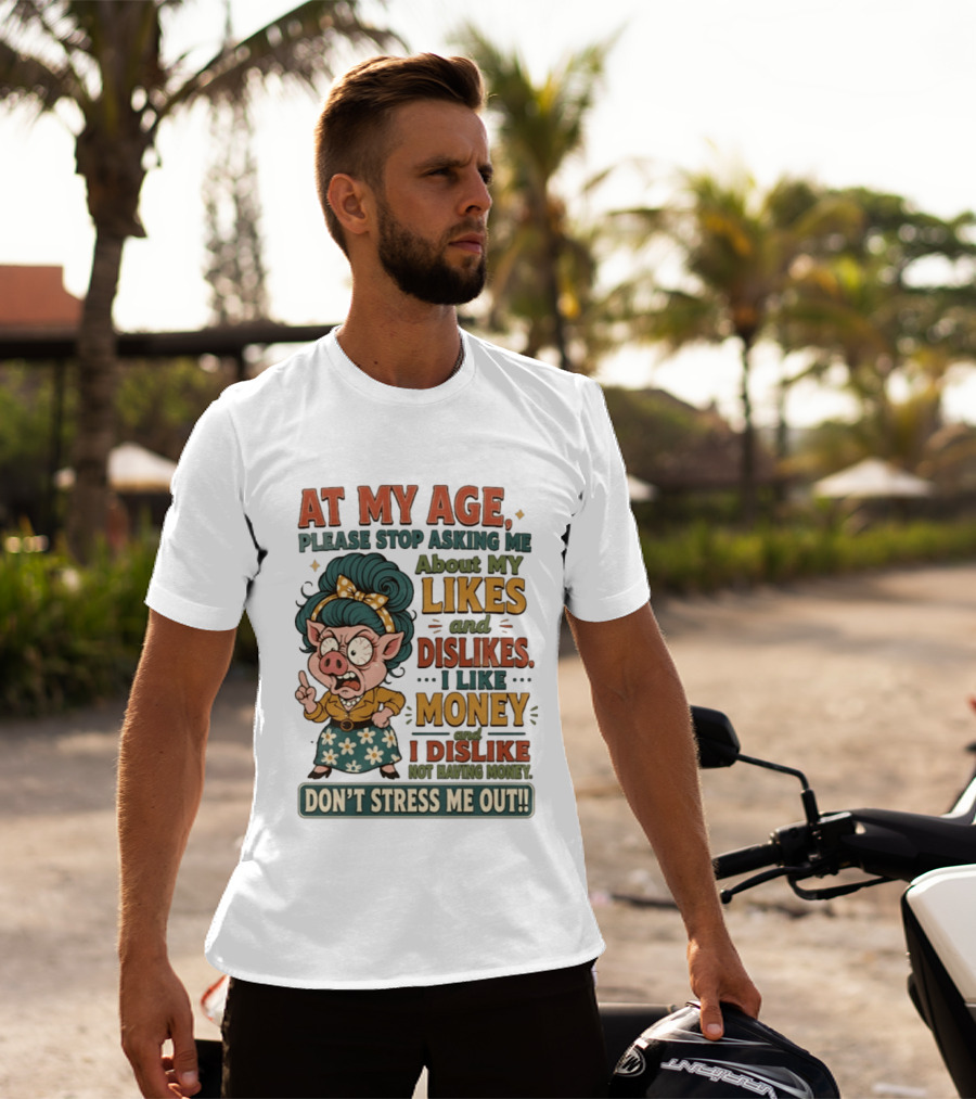 At My Age Please Stop Asking About My Likes I Like Money I Dislike Not Having Money Don't Stress Me Out T-Shirt