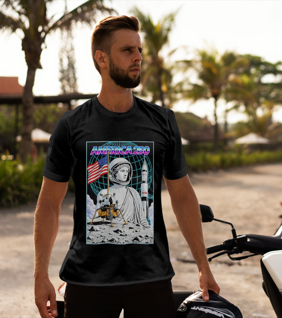 America 250 Apollo Space Rocket NASA Flag Astronaut Statue Moon T-Shirt