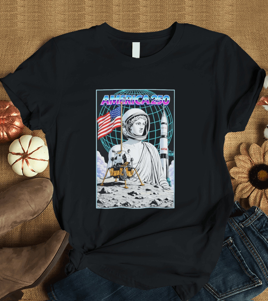 America 250 Apollo Space Rocket NASA Flag Astronaut Statue Moon T-Shirt