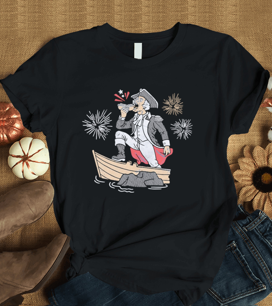 George Washington On Boat Eating Hot Dog With Fireworks Display T-Shirt