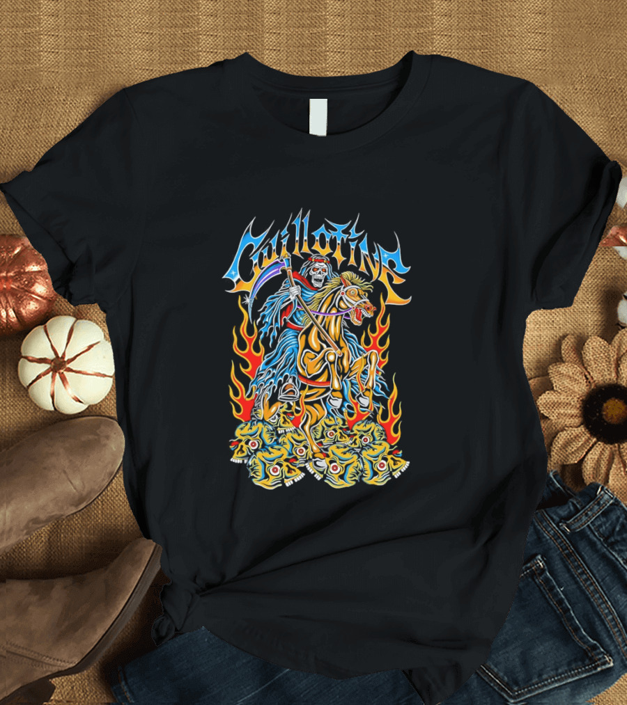 Guillotine Grim Reaper Riding Fiery Horse With Skull And Flames Heavy Metal Concert T-Shirt
