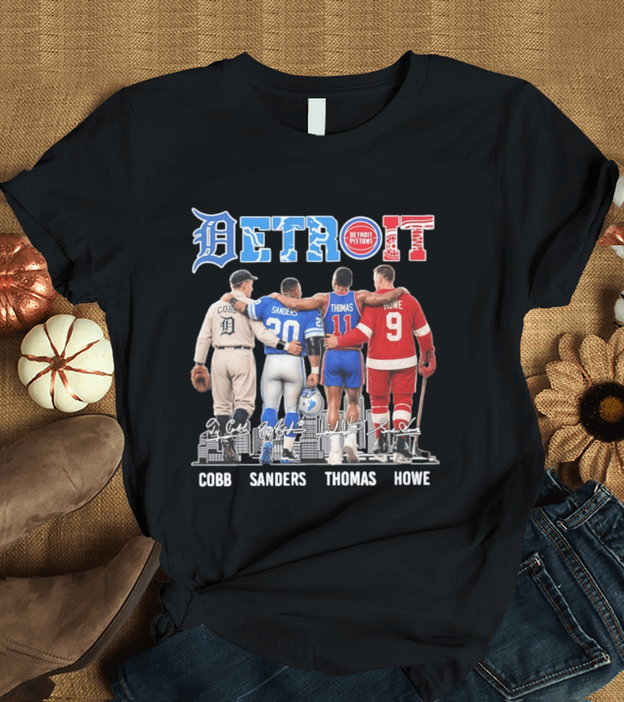 Detroit Icons Ty Cobb Barry Sanders Isiah Thomas Gordie Howe Signatures Skyline T-Shirt