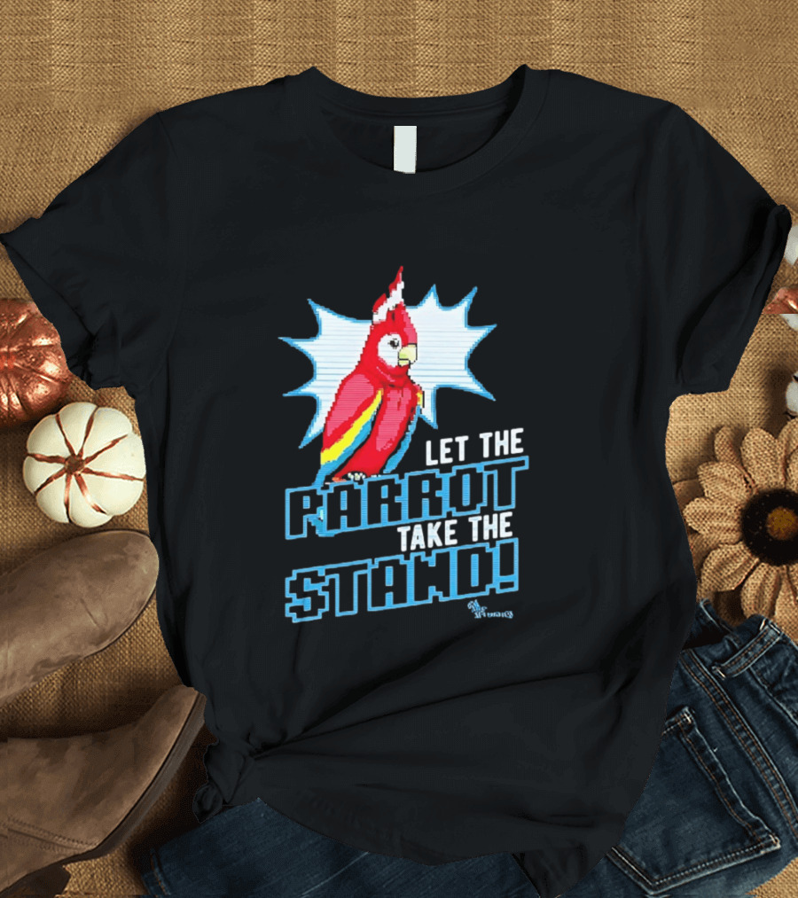 Let The Parrot Take The Stand Vibrant Red Bird With Santa Hat And Blue Starburst T-Shirt