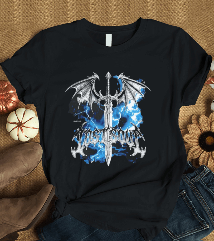 Lost Soul Gothic Sword With Wings And Blue Lightning T-Shirt
