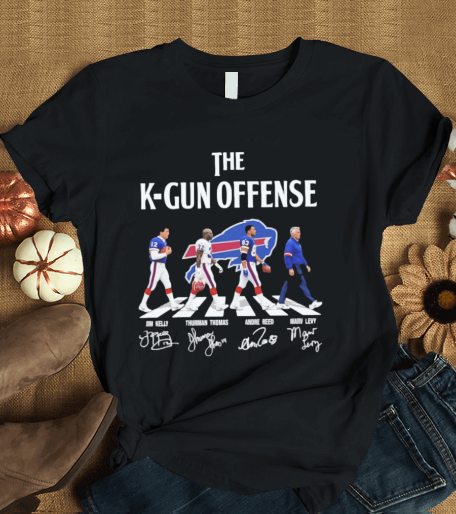 The K Gun Offense Buffalo Bills Jim Kelly Thurman Thomas Andre Reed Marv Levy Abbey Road With Signatures T-Shirt