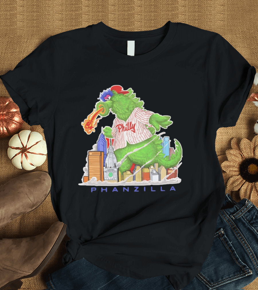 Phillie Phanatic Phanzilla Cityscape Fire Breathing Baseball T-Shirt