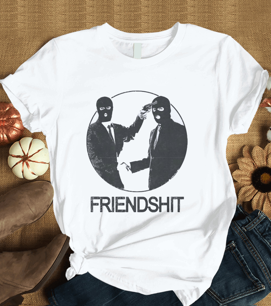 FRIENDSHIT Ski Mask Men Handshaking Gun Gesture T-Shirt