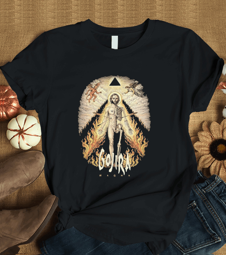 Gojira Magma Half Skeleton Half Human Devil Angel Flames Pyramid T-Shirt