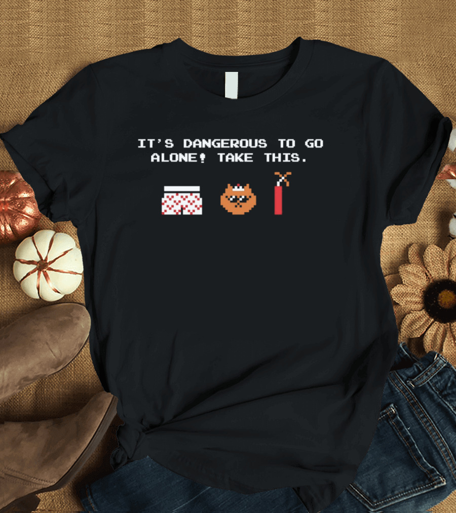 It's Dangerous To Go Alone Take This Pixel Boxers Cat Dynamite Zelda Retro Gaming T-Shirt