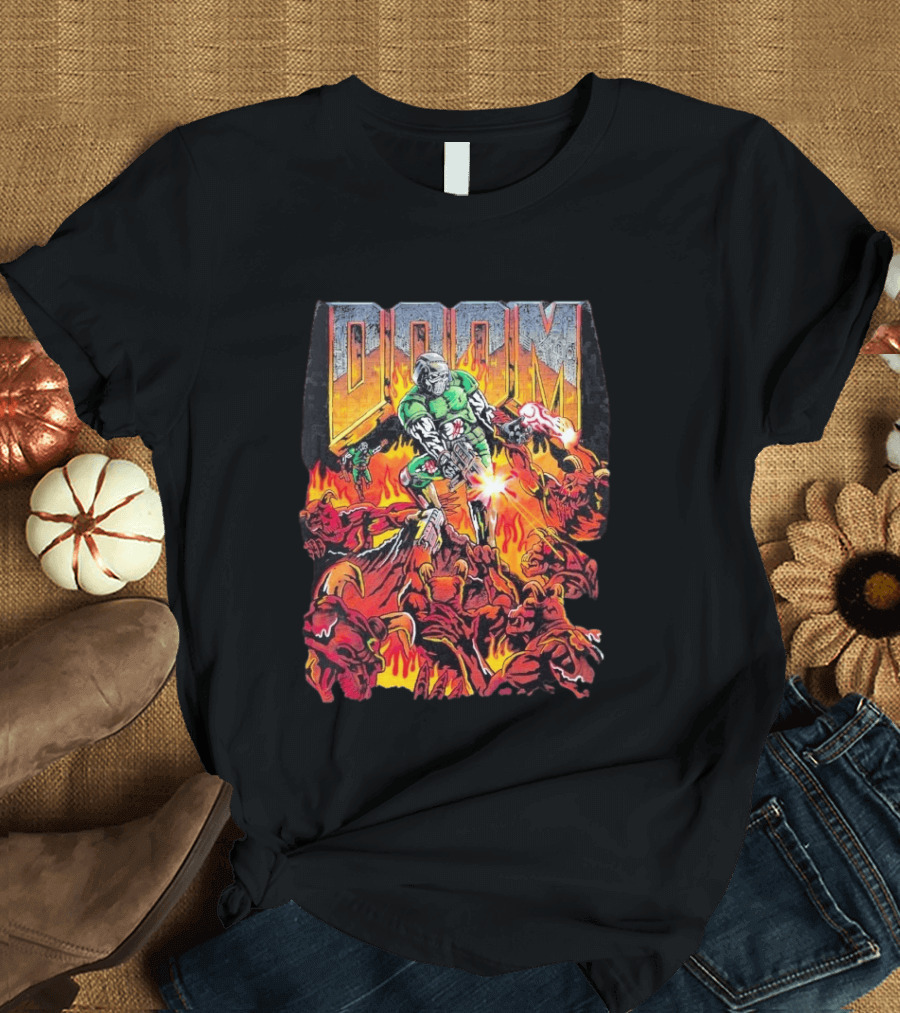 Doom Marine Warren Lotas Retro Video Game Demon Slayer Action Scene T-Shirt