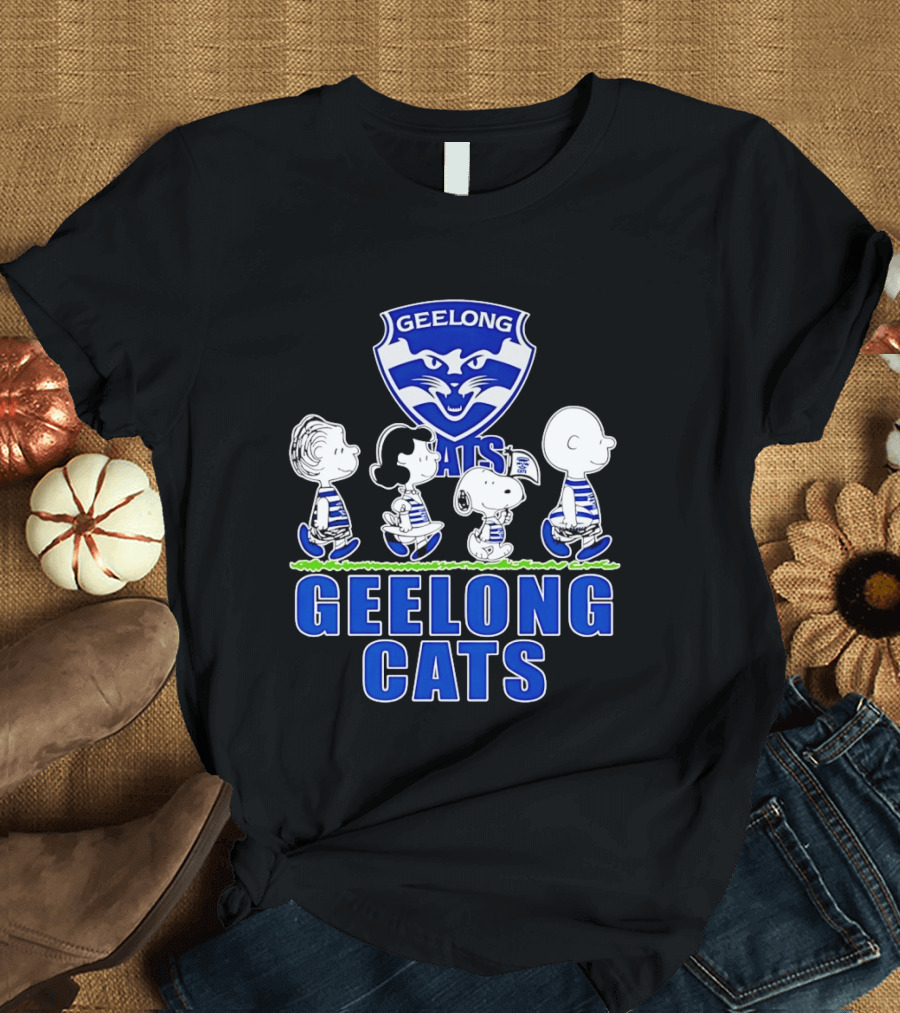 Peanuts Snoopy Charlie Brown Lucy Schroeder Geelong Cats AFL Fan T-Shirt
