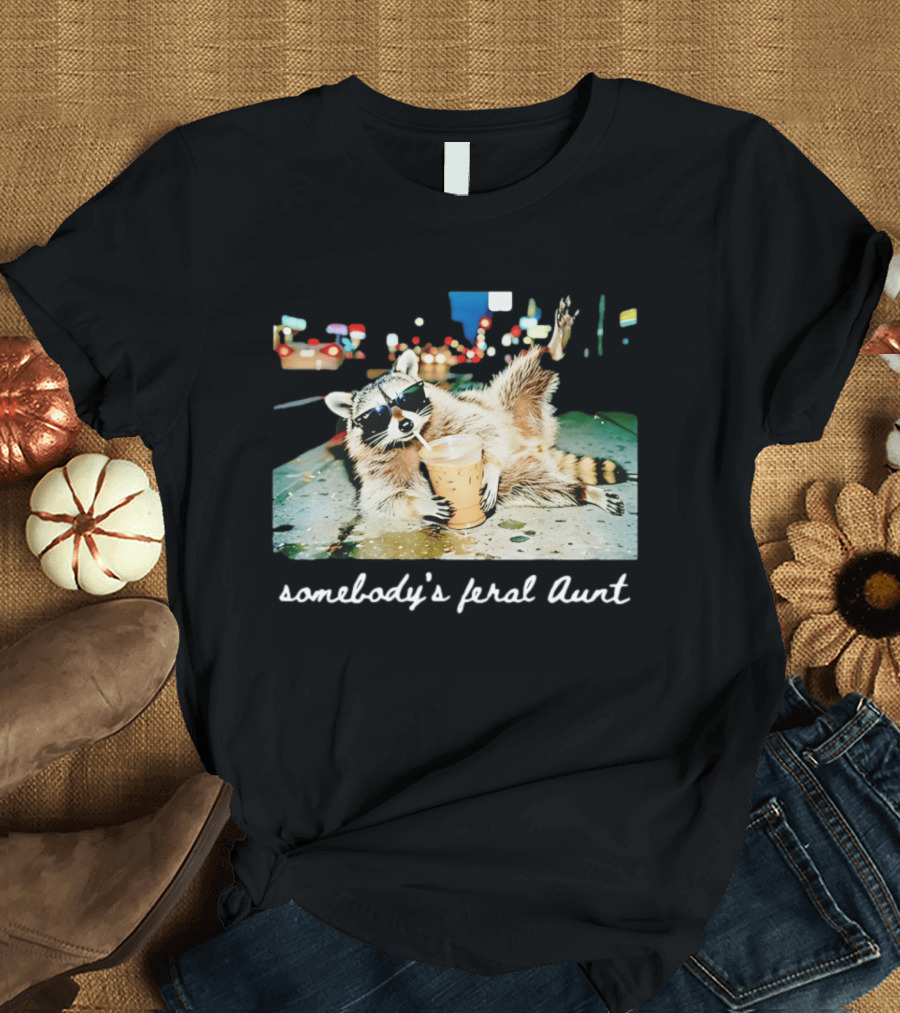 Somebody's Feral Aunt Raccoon Drinking Iced Coffee T-Shirt