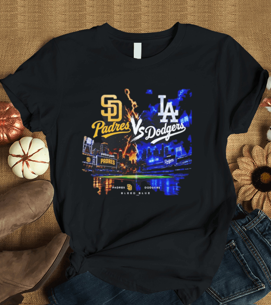San Diego Padres Vs Los Angeles Dodgers Bleed Blue Petco Park Stadium Lightning T-Shirt