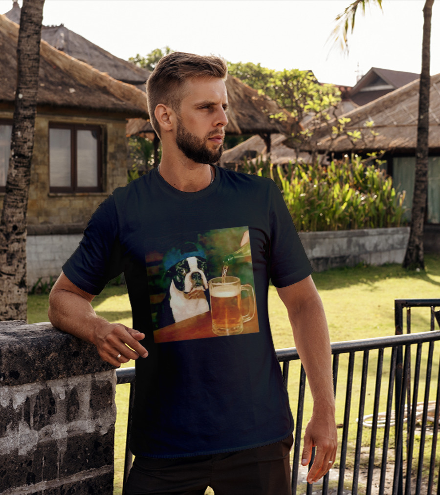 Boston Terrier Baseball Cap Drinking Beer T-Shirt