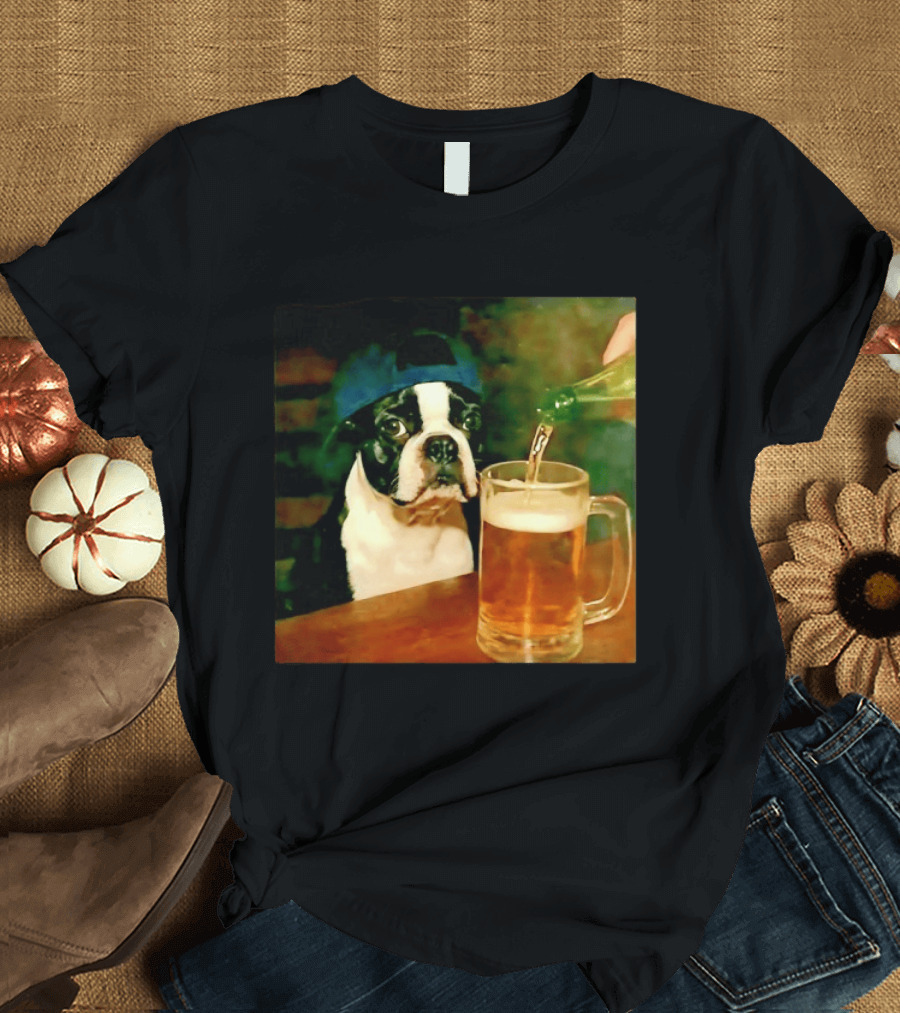 Boston Terrier Baseball Cap Drinking Beer T-Shirt
