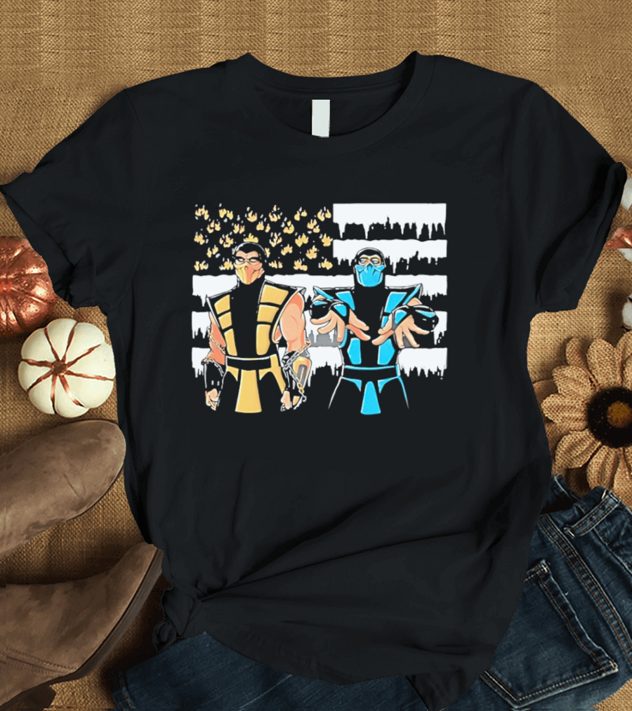 Mortal Kombat Scorpion Sub Zero Fire Ice American Flag T-Shirt